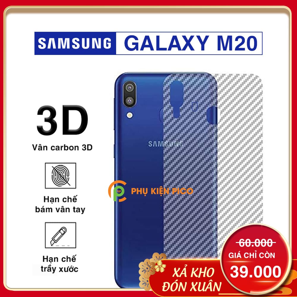Dán lưng Samsung M20 trong suốt nổi vân Carbon 3D tản nhiệt tốt