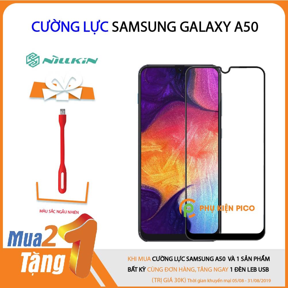 Kính cường lực Samsung Galaxy A50 full màn hình độ cứng 9H [KM đèn Led Usb]