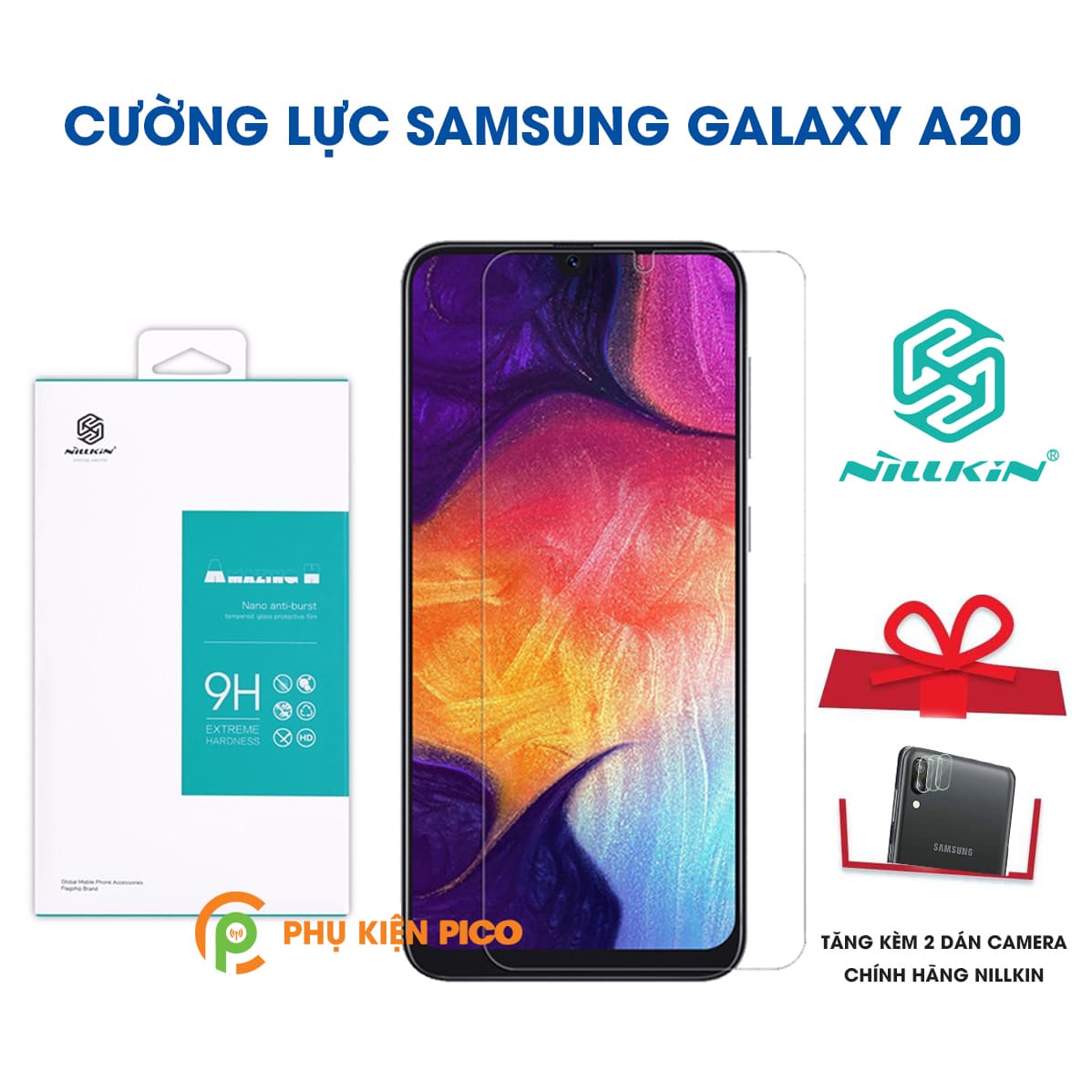 Kính cường lực Samsung Galaxy A20 trong suốt chính hãng Nillkin tặng kèm 2 dán camera nguyên gốc