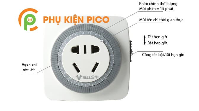Ổ cắm điện chống chai pin, hẹn giờ bật tắt liên tục 24h chính hãng Bull 16A 4000W - 6
