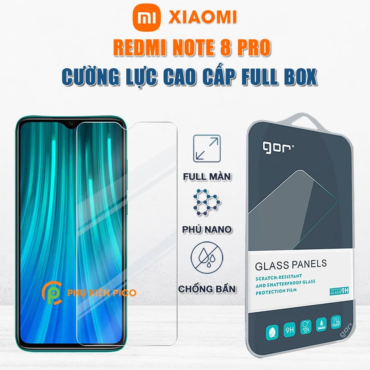 Kính cường lực Xiaomi Redmi Note 8 Pro trong suốt chính hãng Gor bộ 2 miếng