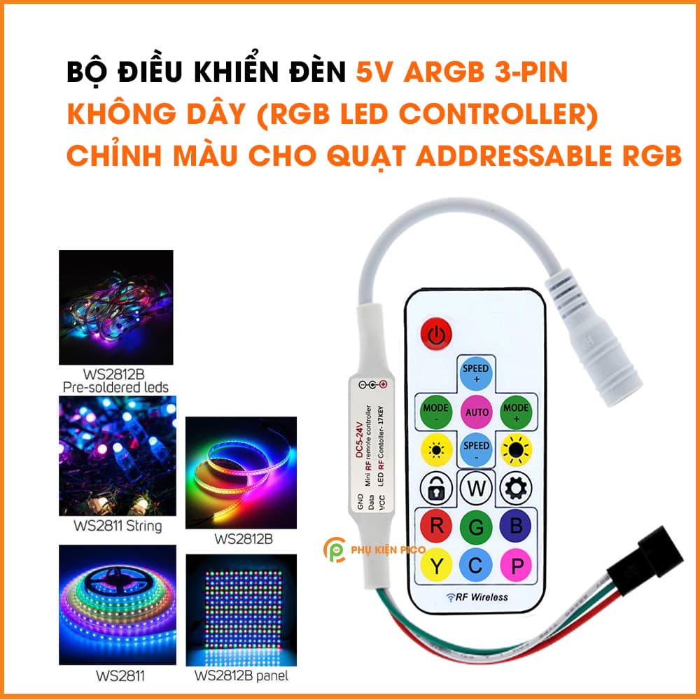 Bộ điều khiển đèn 5v ARGB 3 Pin không dây (RGB Led Controller) chỉnh màu cho quạt Addressable RGB