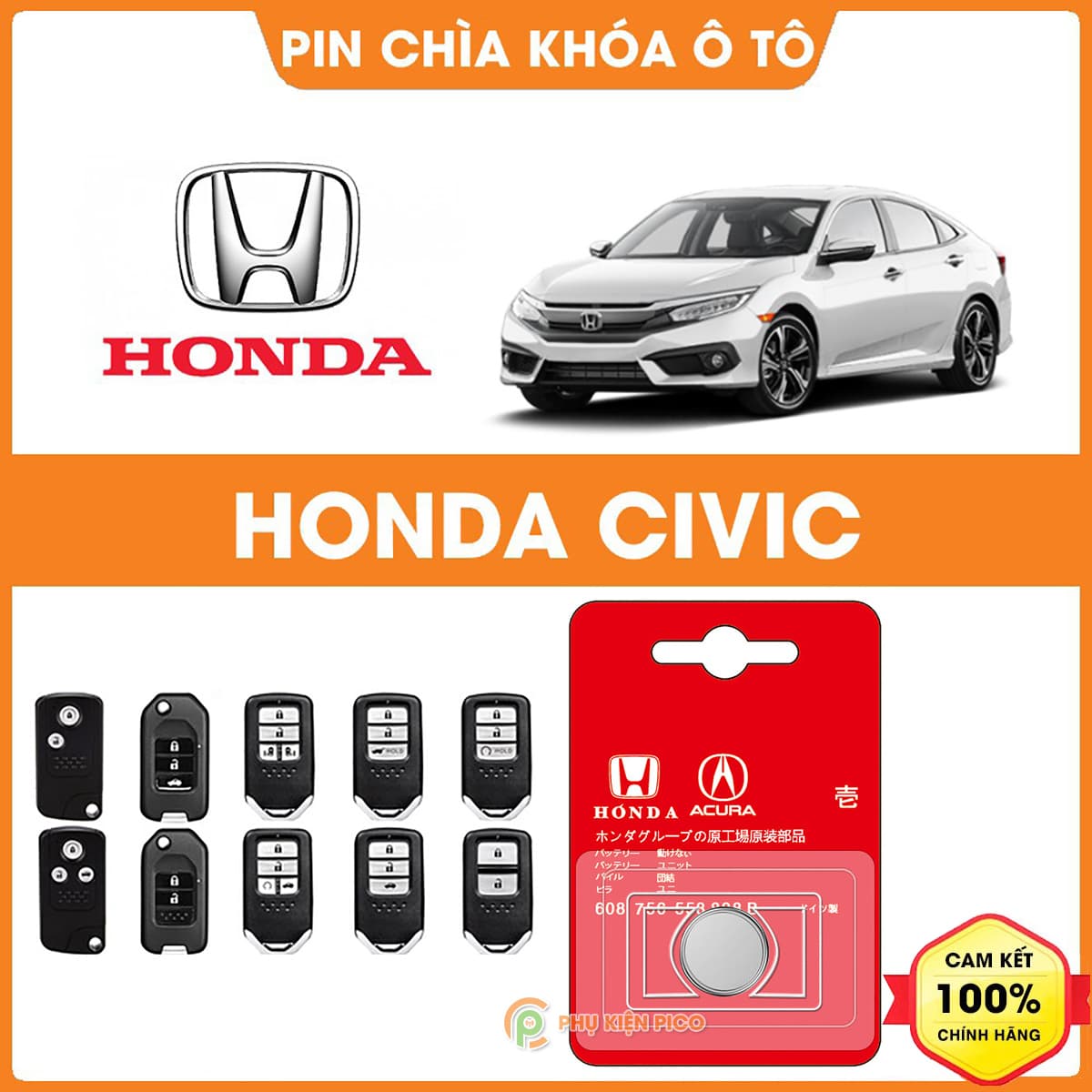 Pin chìa khóa ô tô Honda Civic chính hãng Honda sản xuất tại Indonesia 3V Panasonic