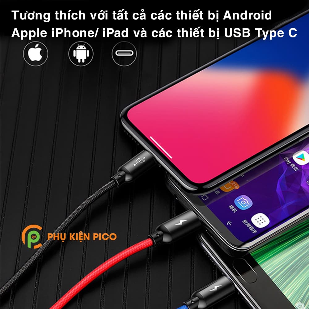 Cáp sạc 3 đầu Baseus Three Primary Colors 3-in-1 Cable sạc nhanh 3.5A truyền dữ liệu 480Mbps độ dài 120cm - 7