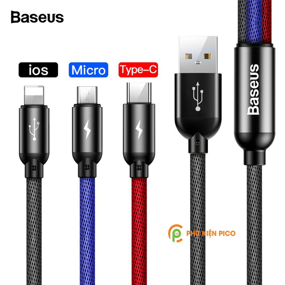 Cáp sạc 3 đầu Baseus Three Primary Colors 3-in-1 Cable sạc nhanh 3.5A truyền dữ liệu 480Mbps độ dài 120cm - 6