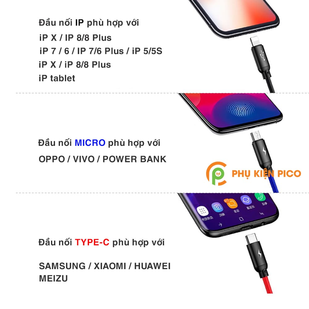 Cáp sạc 3 đầu Baseus Three Primary Colors 3-in-1 Cable sạc nhanh 3.5A truyền dữ liệu 480Mbps độ dài 120cm - 5
