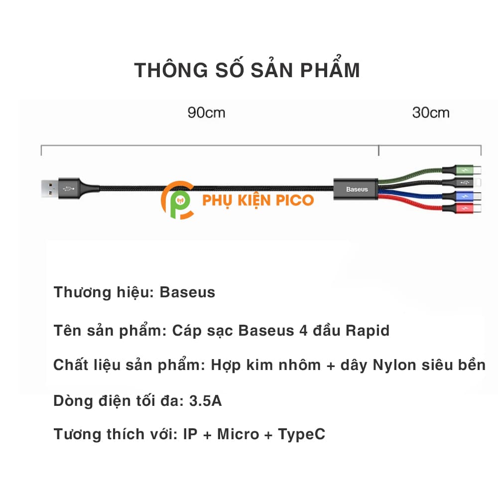 Dây cáp sạc đa năng Baseus Rapid 4 in 1 Type-C, 2 Lightning, Micro USB, cho iPhone/ iPad, Smartphone &amp; Tablet Android (3.5A, 1.2M, Fast charge 4 in 1 Cable) - 2