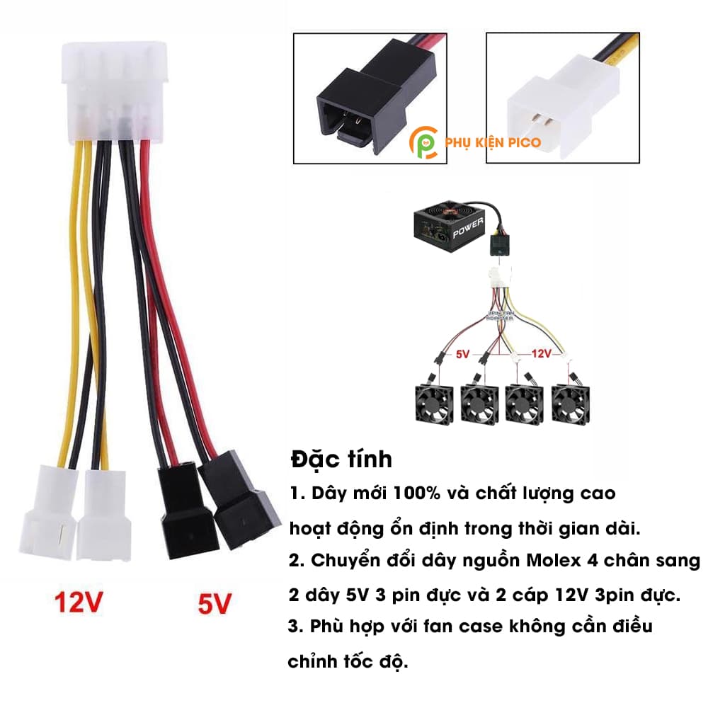 Cáp chuyển dây nguồn Molex sang Fan 3 Pin 5V 12V - 2