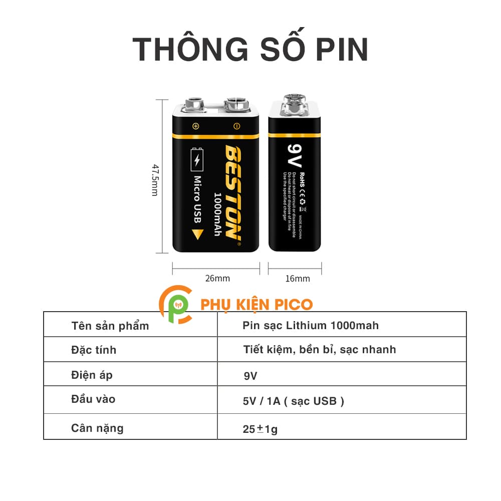 Pin trụ Lithium 1000mAh chính hãng Beston có cổng sạc trực tiếp - 5
