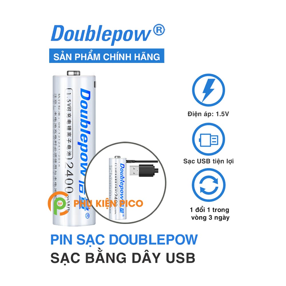 Pin sạc Doublepow 2400mWh có cổng sạc trực tiếp Micro USB AA 1.5v