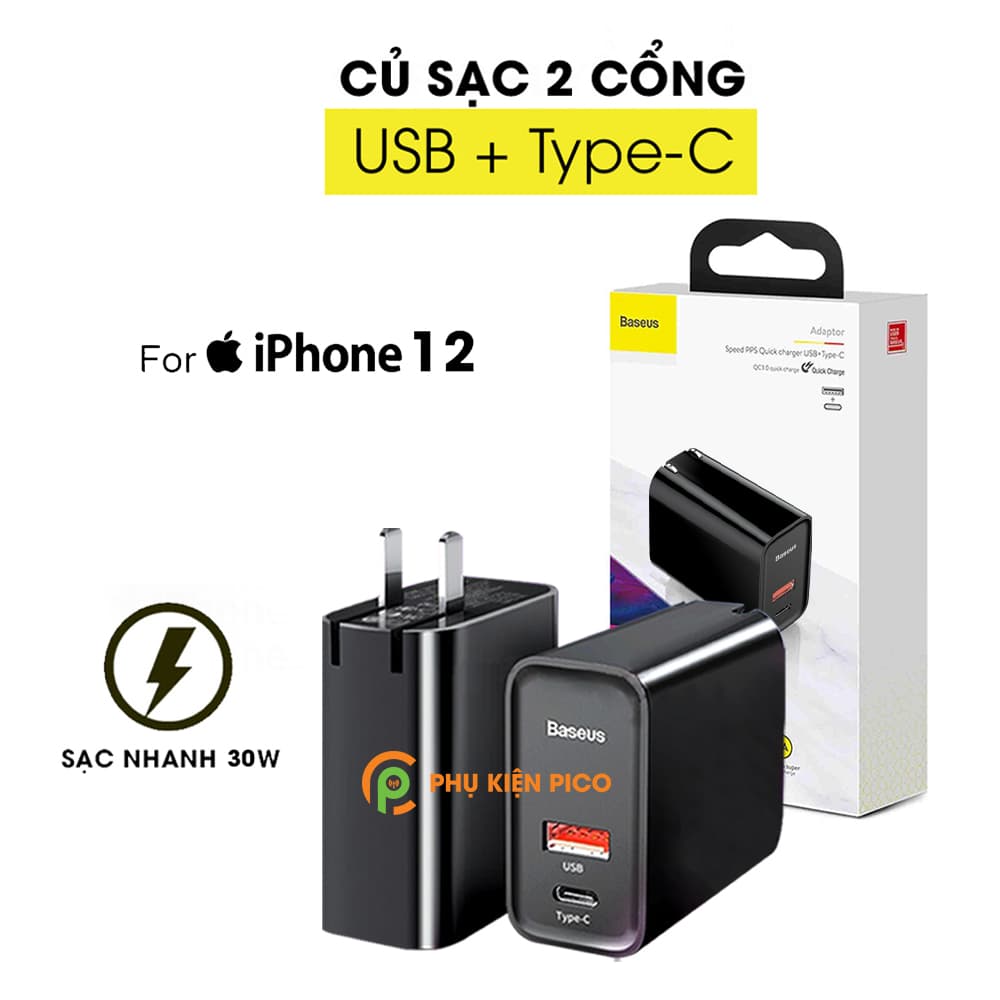 Bộ sạc nhanh cho Iphone 12 chính hãng Baseus combo củ sạc và cáp sạc – Sạc nhanh Iphone 12 - 12