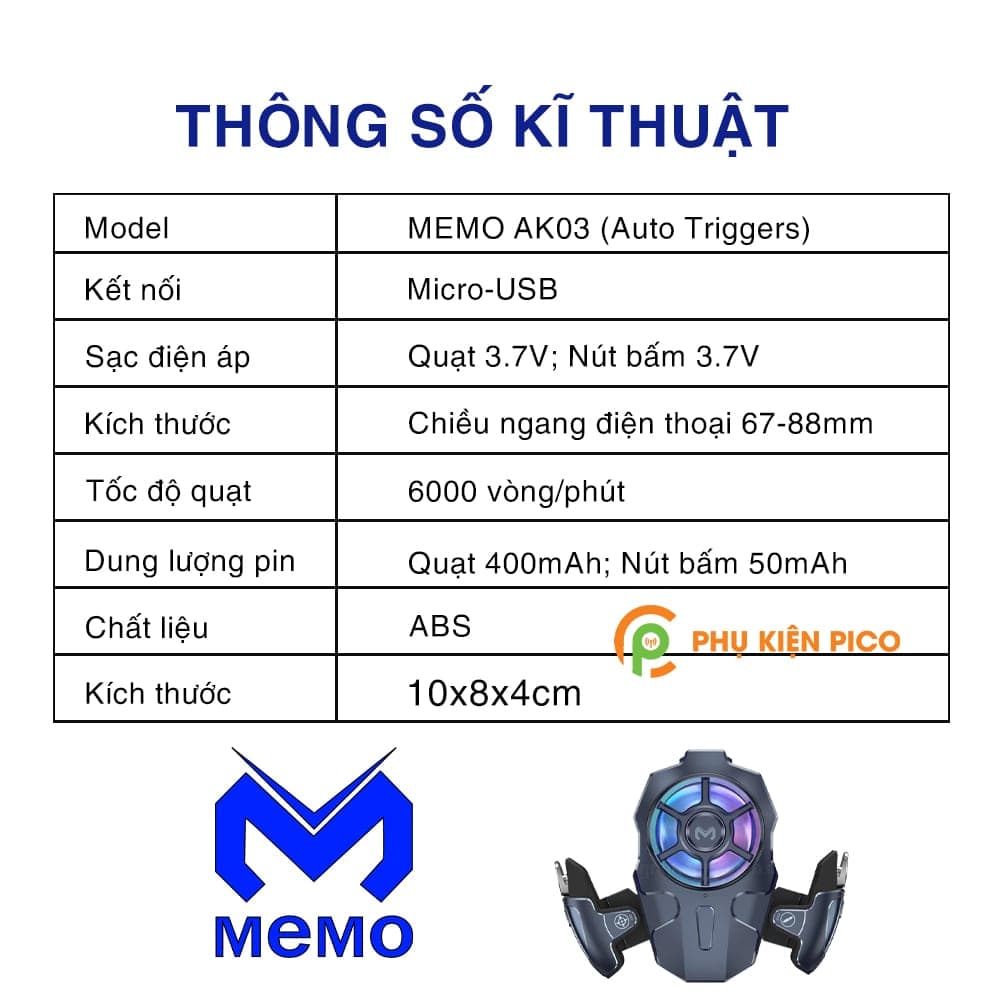 Quạt tản nhiệt điện thoại AK03 kèm 2 nút bắn chơi game AUTO TAP chính hãng Memo - 3