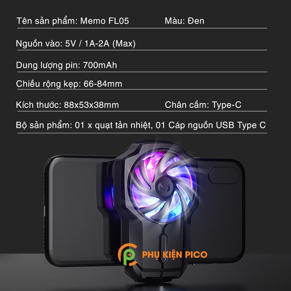 Quạt tản nhiệt điện thoại chính hãng Memo FL05 pin 700mAh tốc độ quạt 6000 vòng/ phút - 2