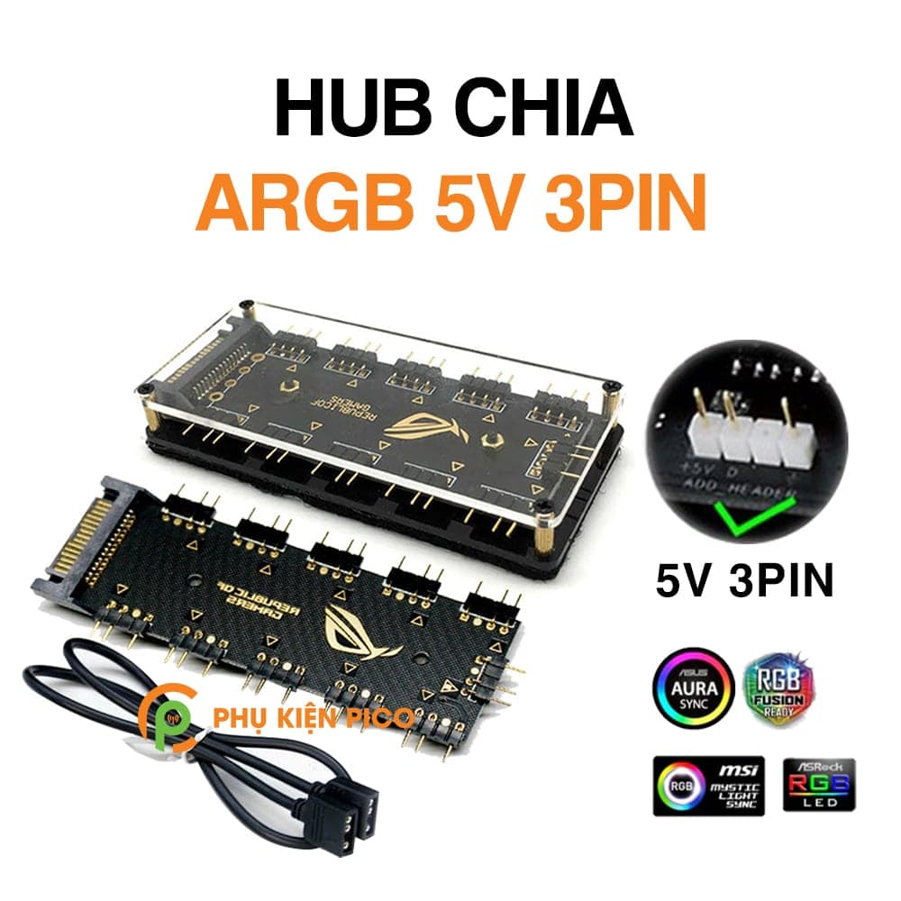 Hub chia ARGB 5V 3pin 10 cổng hỗ trợ Mainboard Gigabyte, Asus, MSI, Asrock