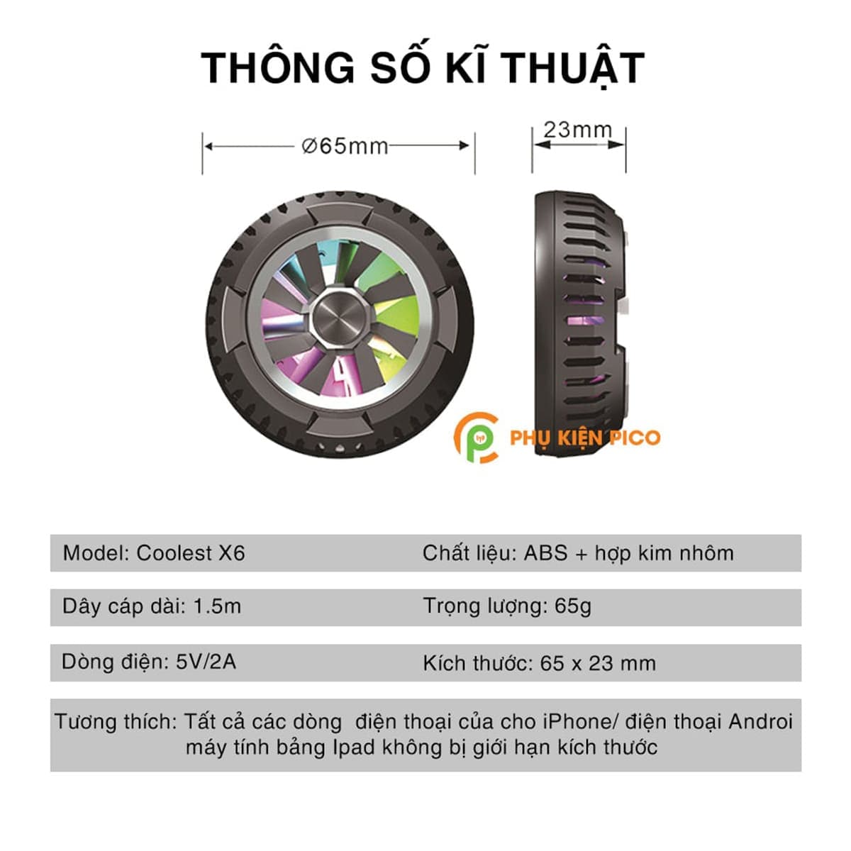 Quạt tản nhiệt sò lạnh điện thoại máy tính bảng X6 sò lạnh từ tính giá rẻ Led RGB - 12