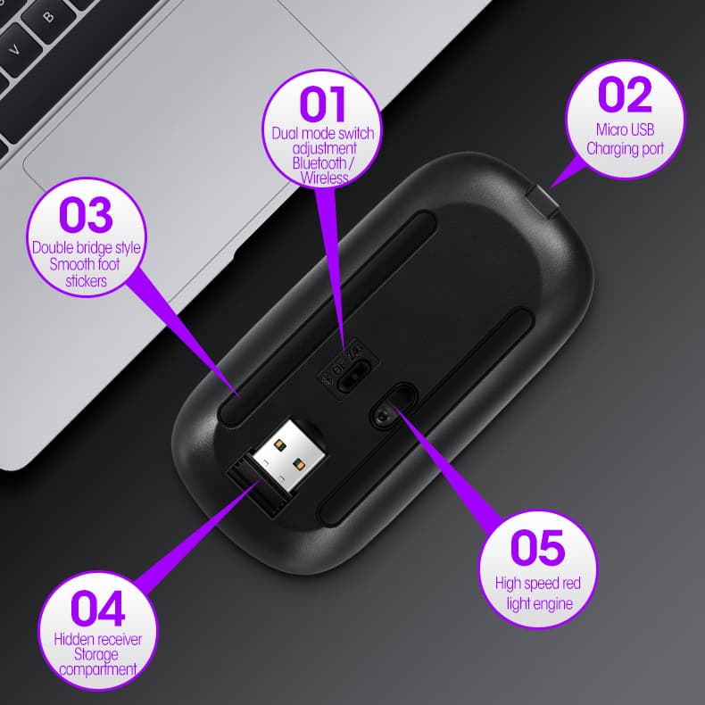 Chuột không dây Bluetooth Wireless 2.4G Pin sạc chính hãng - 5