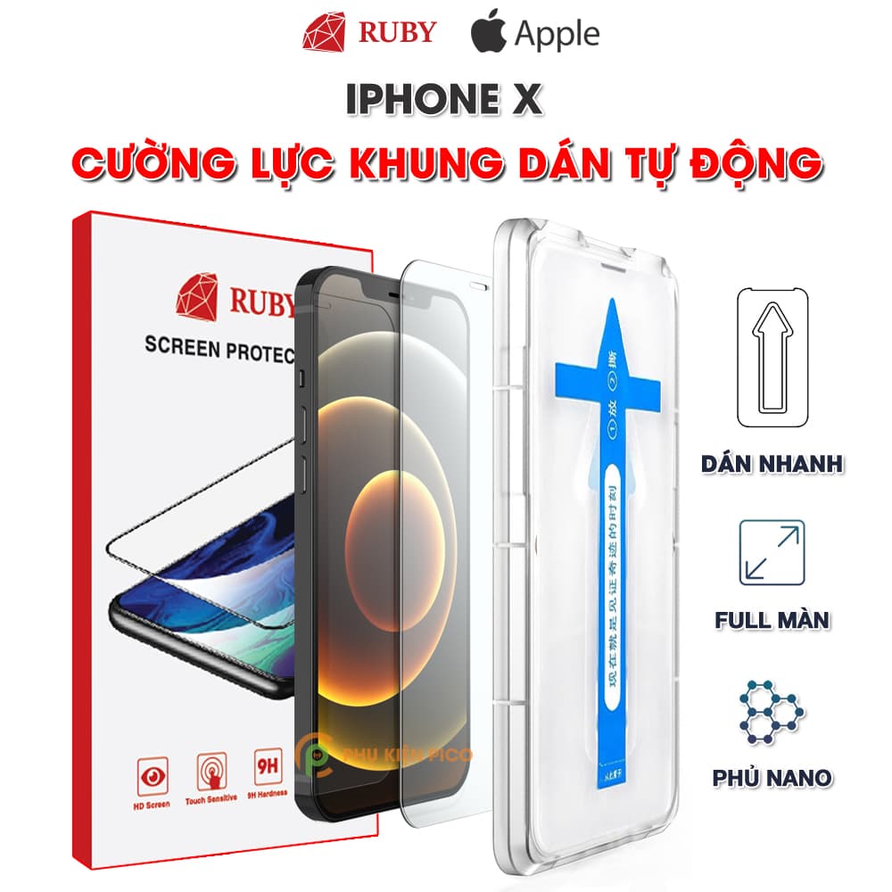Kính cường lực Iphone X chính hãng Ruby khung dán tự động