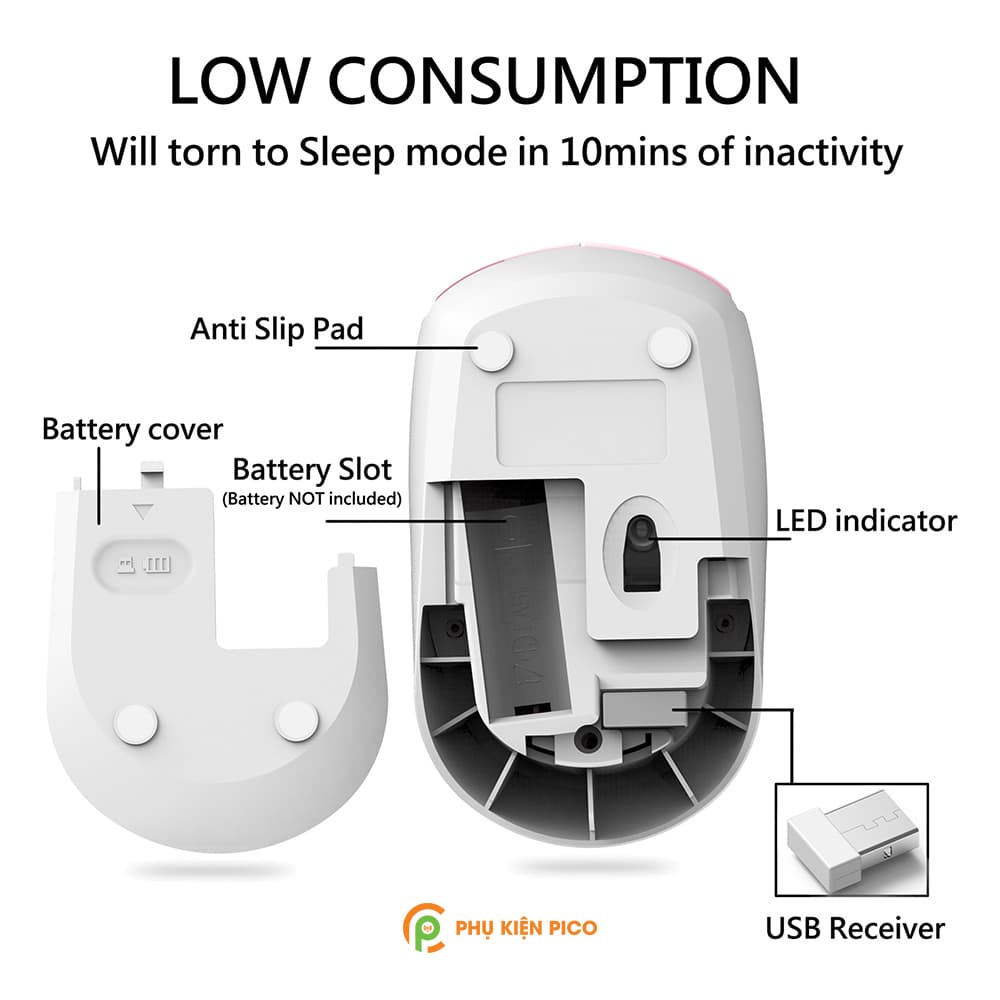 Chuột không dây hồng Wireless - Chuột máy tính không dây dễ thương cute hình thú đối thủ của Logitech - 8