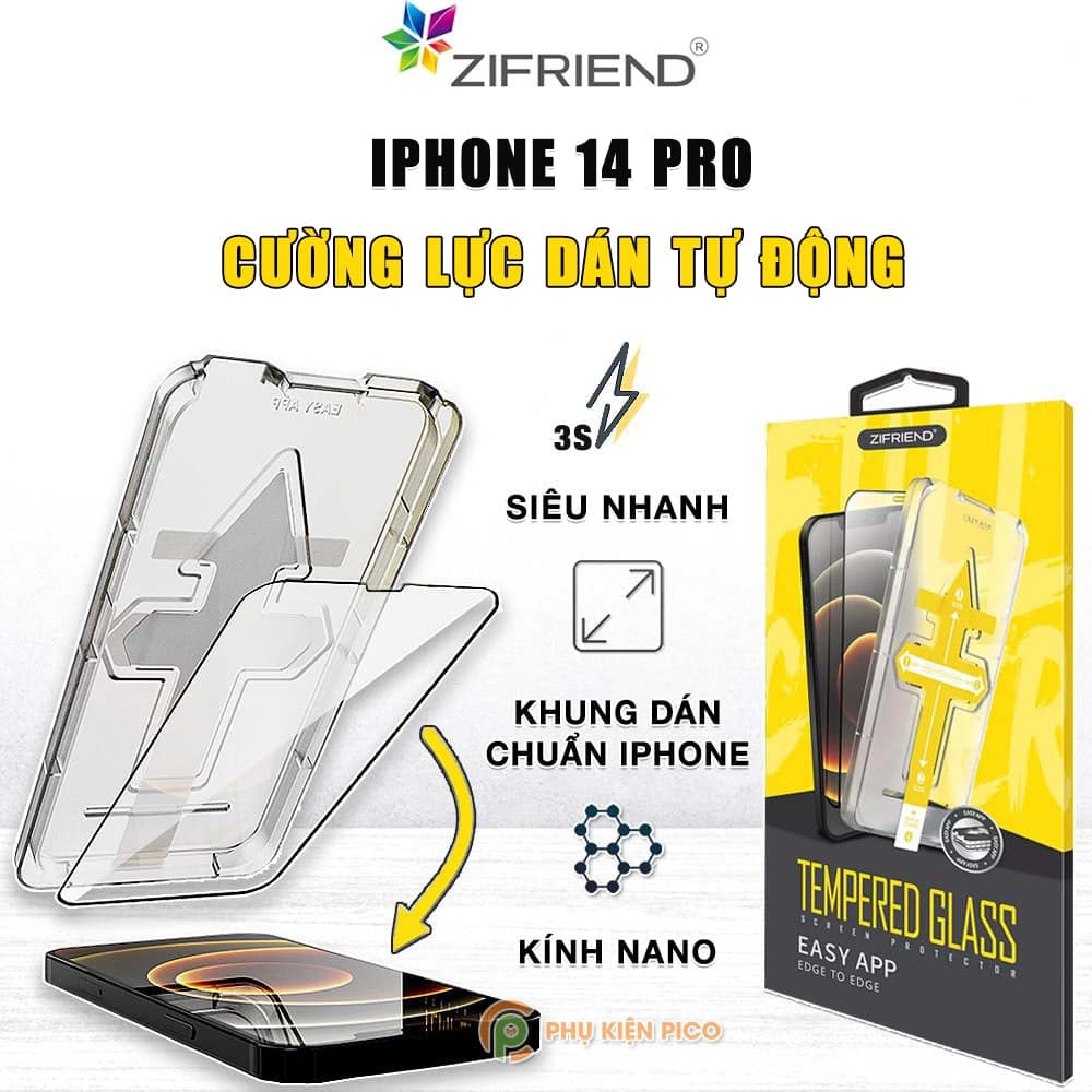 Kính cường lực Iphone 14 Pro chính hãng Zifriend khung dán tự động full màn hình