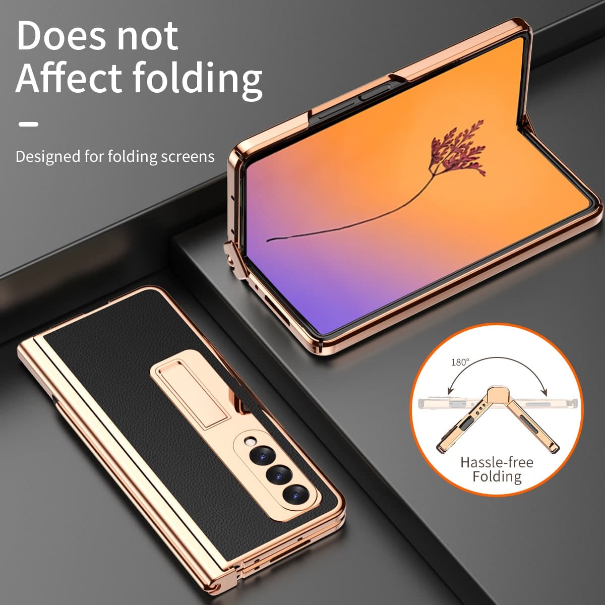 Ốp lưng Samsung Galaxy Z Fold 4 khe đựng SPen vàng gold cao cấp có chân dựng Standing Cove - 11