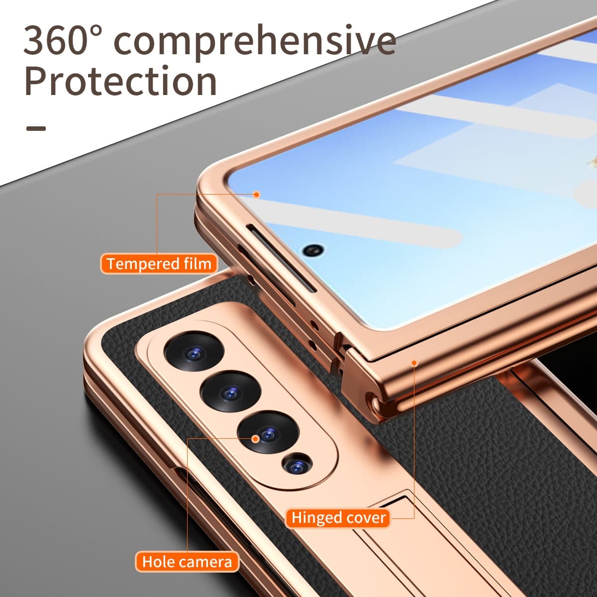 Ốp lưng Samsung Galaxy Z Fold 4 khe đựng SPen vàng gold cao cấp có chân dựng Standing Cove - 7