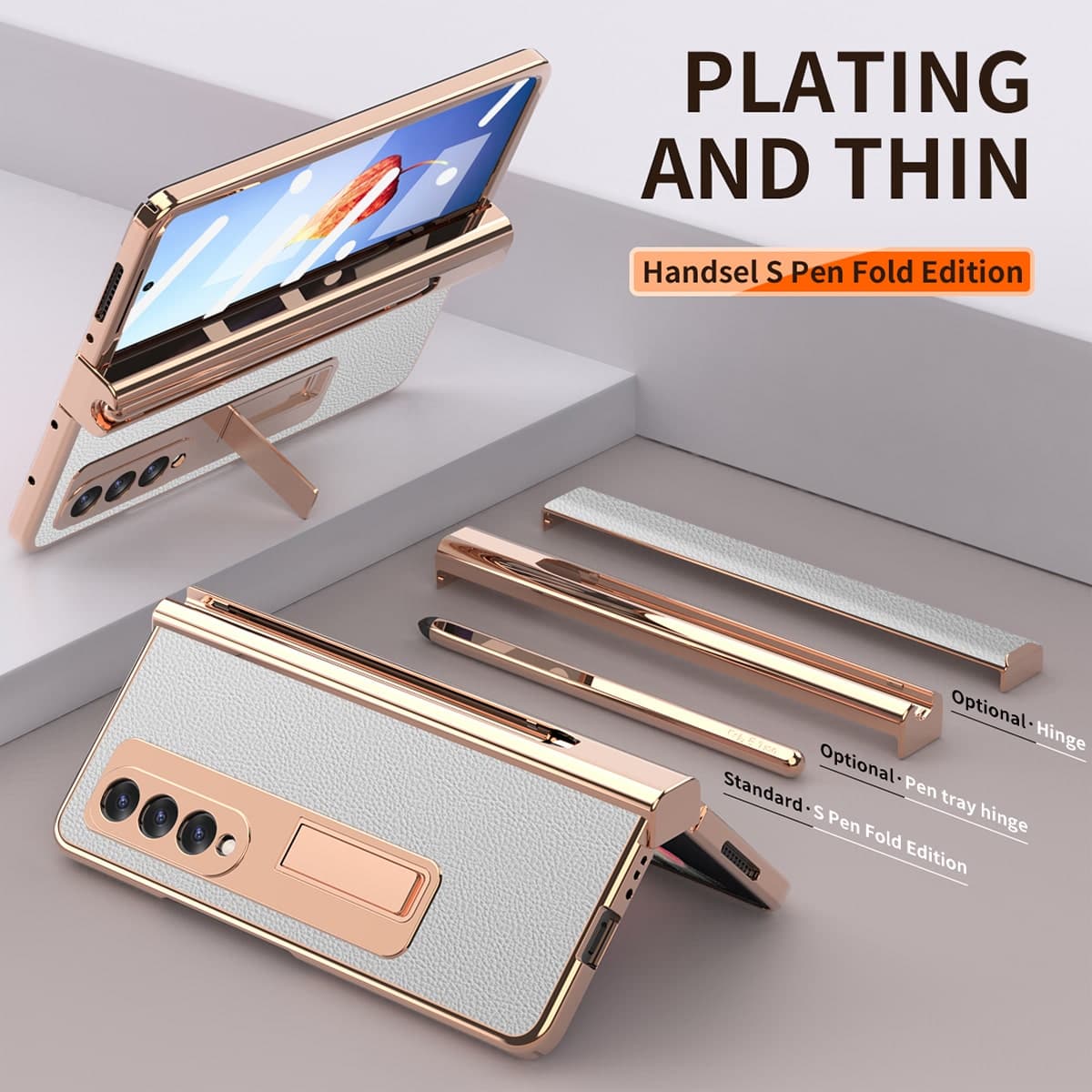 Ốp lưng Samsung Galaxy Z Fold 4 khe đựng SPen vàng gold cao cấp có chân dựng Standing Cove - 3