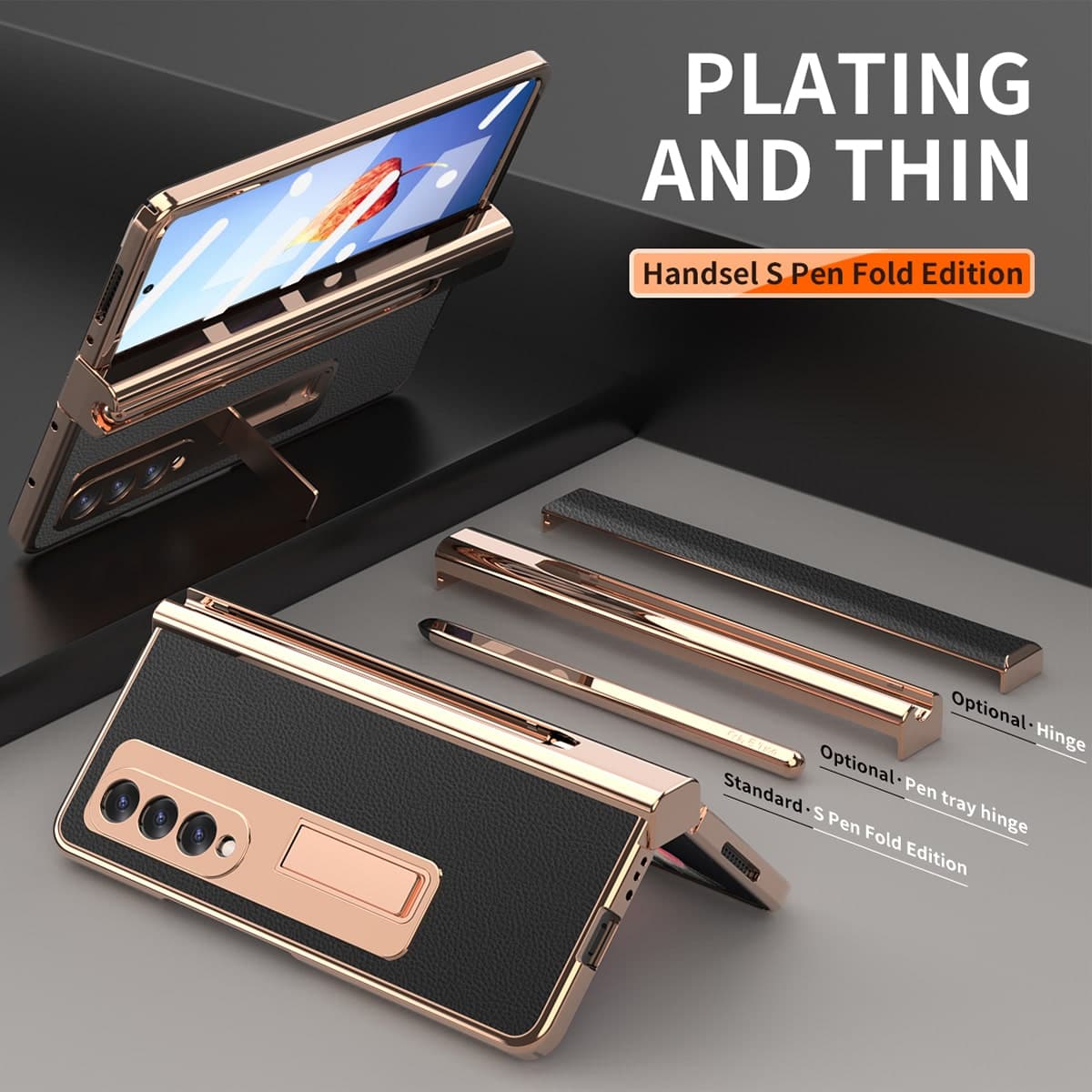 Ốp lưng Samsung Galaxy Z Fold 4 khe đựng SPen vàng gold cao cấp có chân dựng Standing Cove - 2