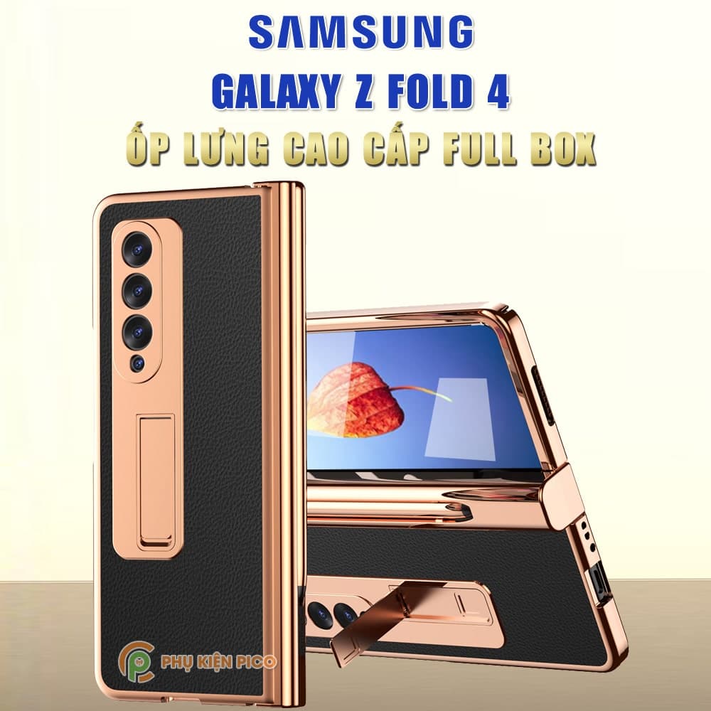 Ốp lưng Samsung Galaxy Z Fold 4 khe đựng SPen vàng gold cao cấp có chân dựng Standing Cove