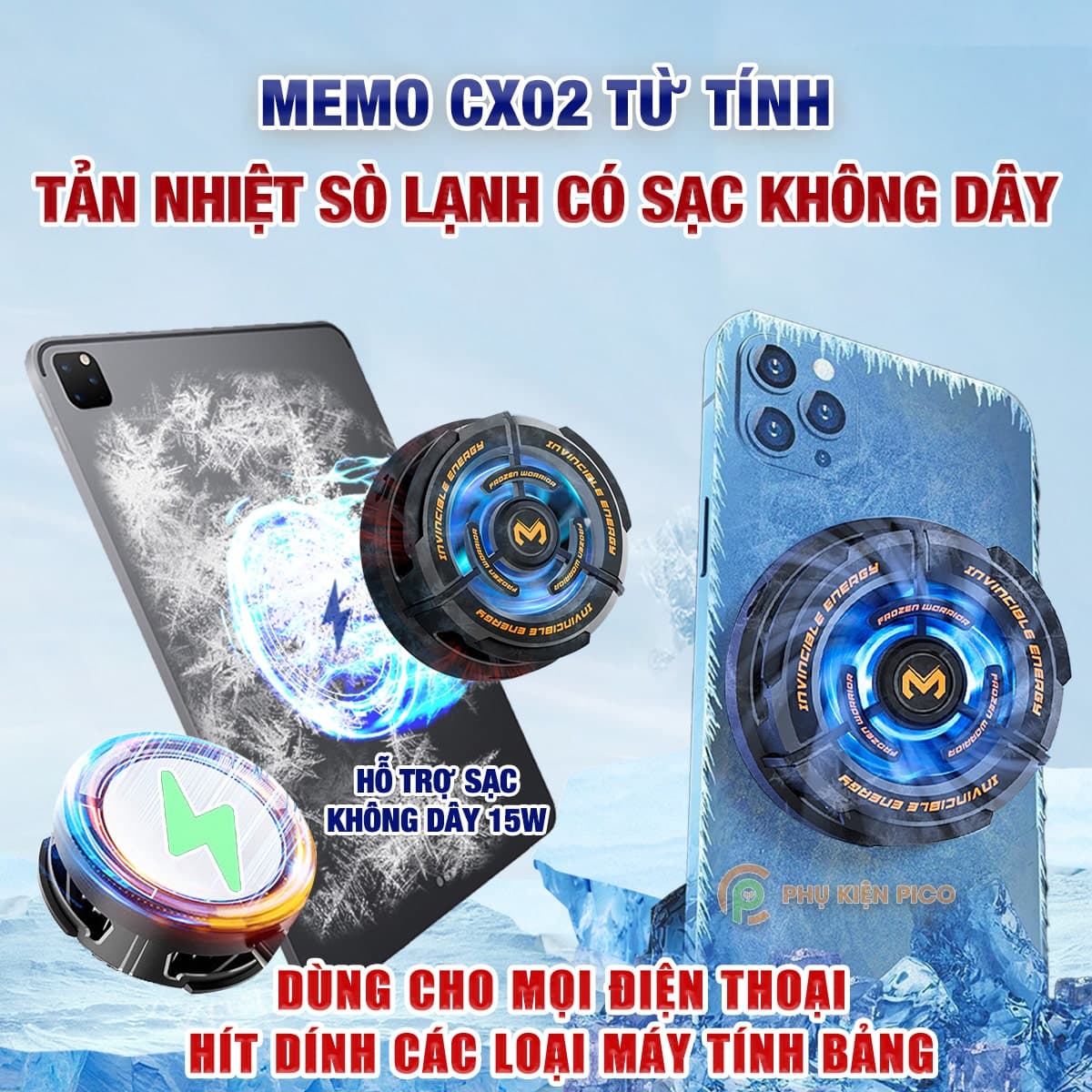 Quạt tản nhiệt điện thoại Ipad Memo CX02 sò lạnh từ tính led RGB hỗ trợ sạc không dây