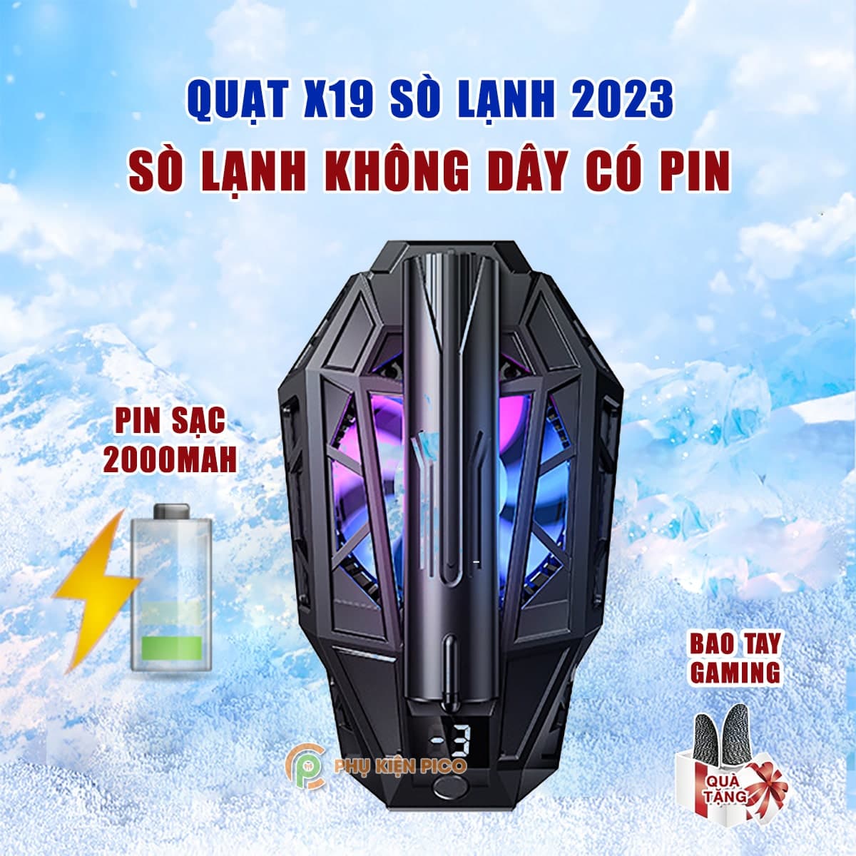 Quạt tản nhiệt điện thoại sò lạnh chạy Pin X19 pin sạc 2000mAh màn hình hiển thị nhiệt độ