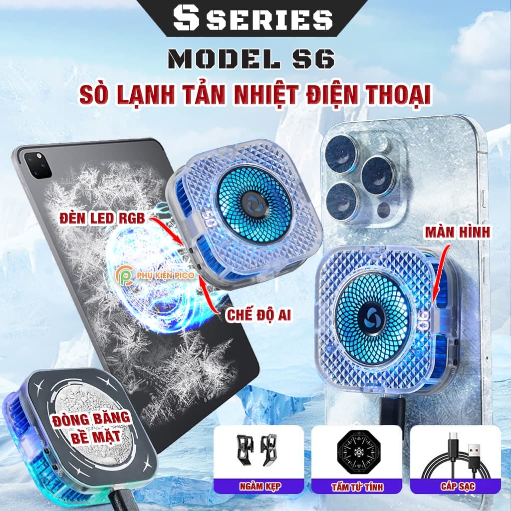 Quạt tản nhiệt điện thoại sò lạnh từ tính S6 tích hợp AI thông minh Led RGB Gaming có màn hình hiển thị nhiệt độ ngàm kẹp rời