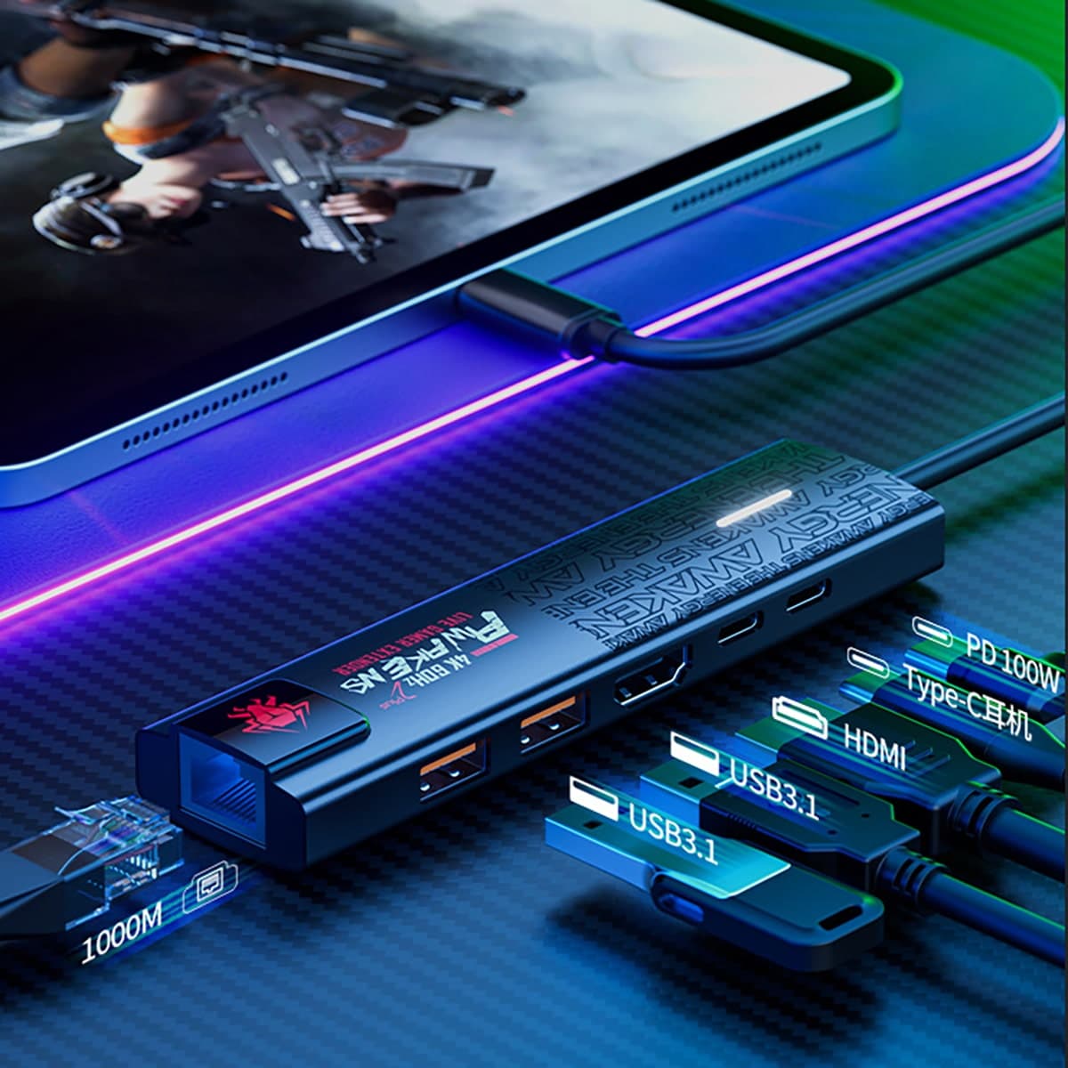 HUB Type C sang HDMI 4K Plextone 6in1 Pro sạc PD 100W Mạng Lan HUB USB 3.0 tốc độ cao HUB USB C to HDMI 2.0 - RJ45 - Type C cho Laptop hỗ trợ Macbook - 5