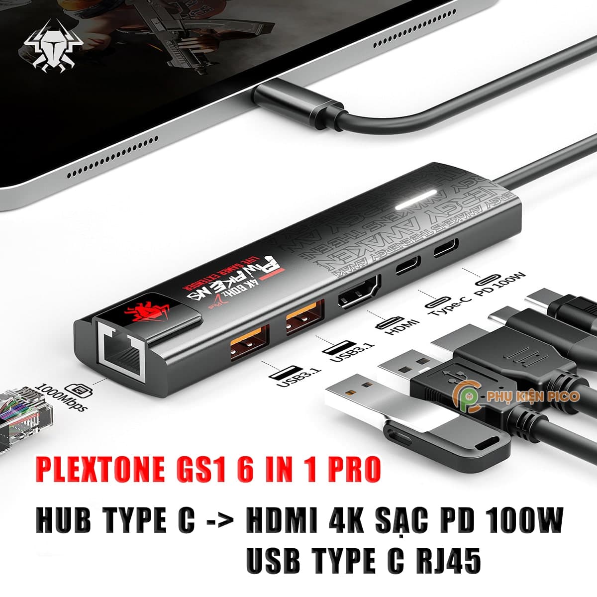 HUB Type C sang HDMI 4K Plextone 6in1 Pro sạc PD 100W Mạng Lan HUB USB 3.0 tốc độ cao HUB USB C to HDMI 2.0 - RJ45 - Type C cho Laptop hỗ trợ Macbook