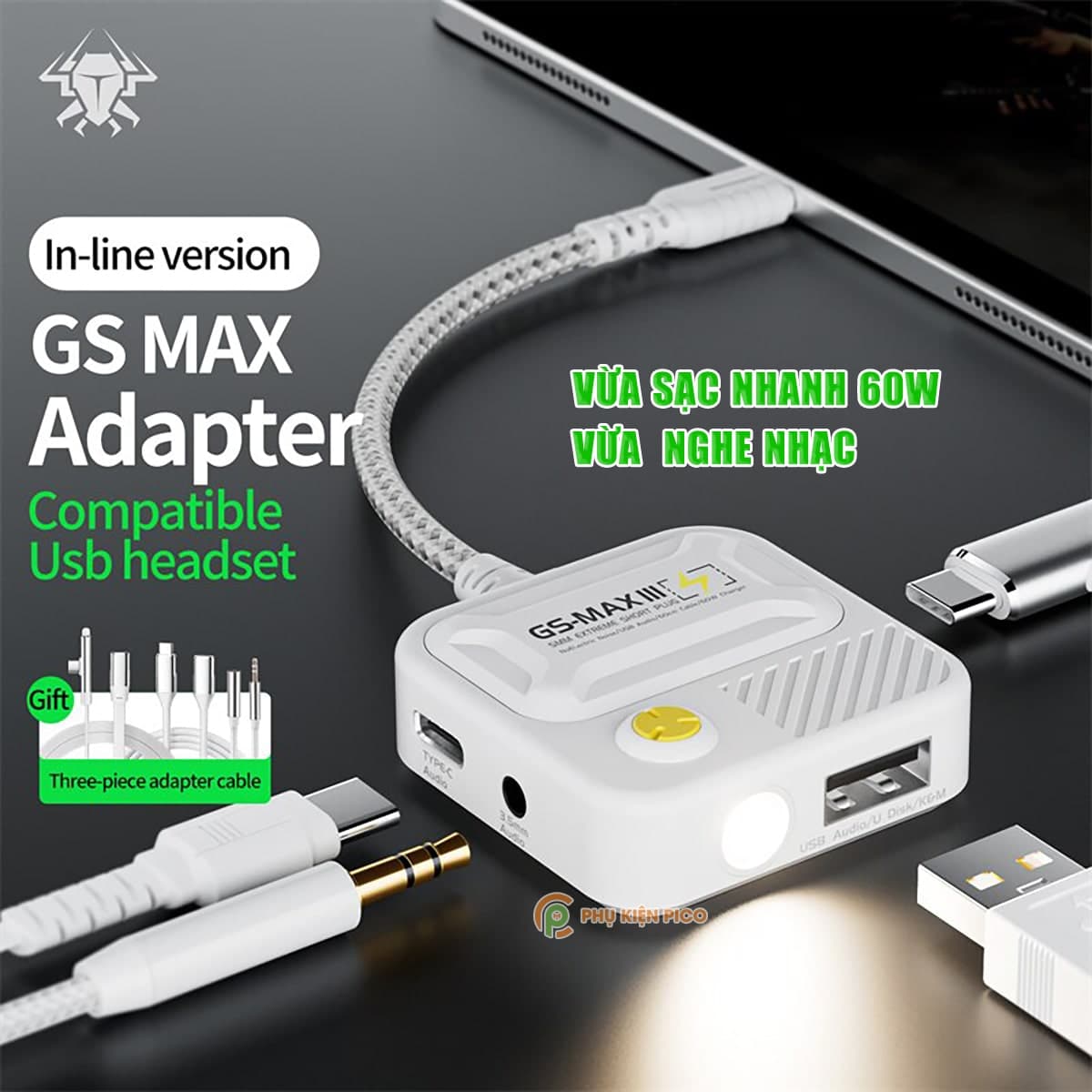 Cáp chuyển đổi tai nghe Plextone Gs Max Pro III Type C sang 3.5mm hỗ trợ ipad vừa nghe nhạc vừa sạc siêu nhanh 60W cắm usb