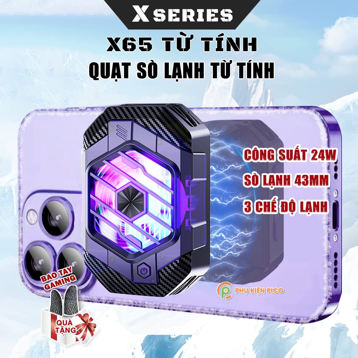 Quạt tản nhiệt điện thoại máy tính bảng X65 sò lạnh từ tính 24W 3 chế độ làm lạnh led RGB