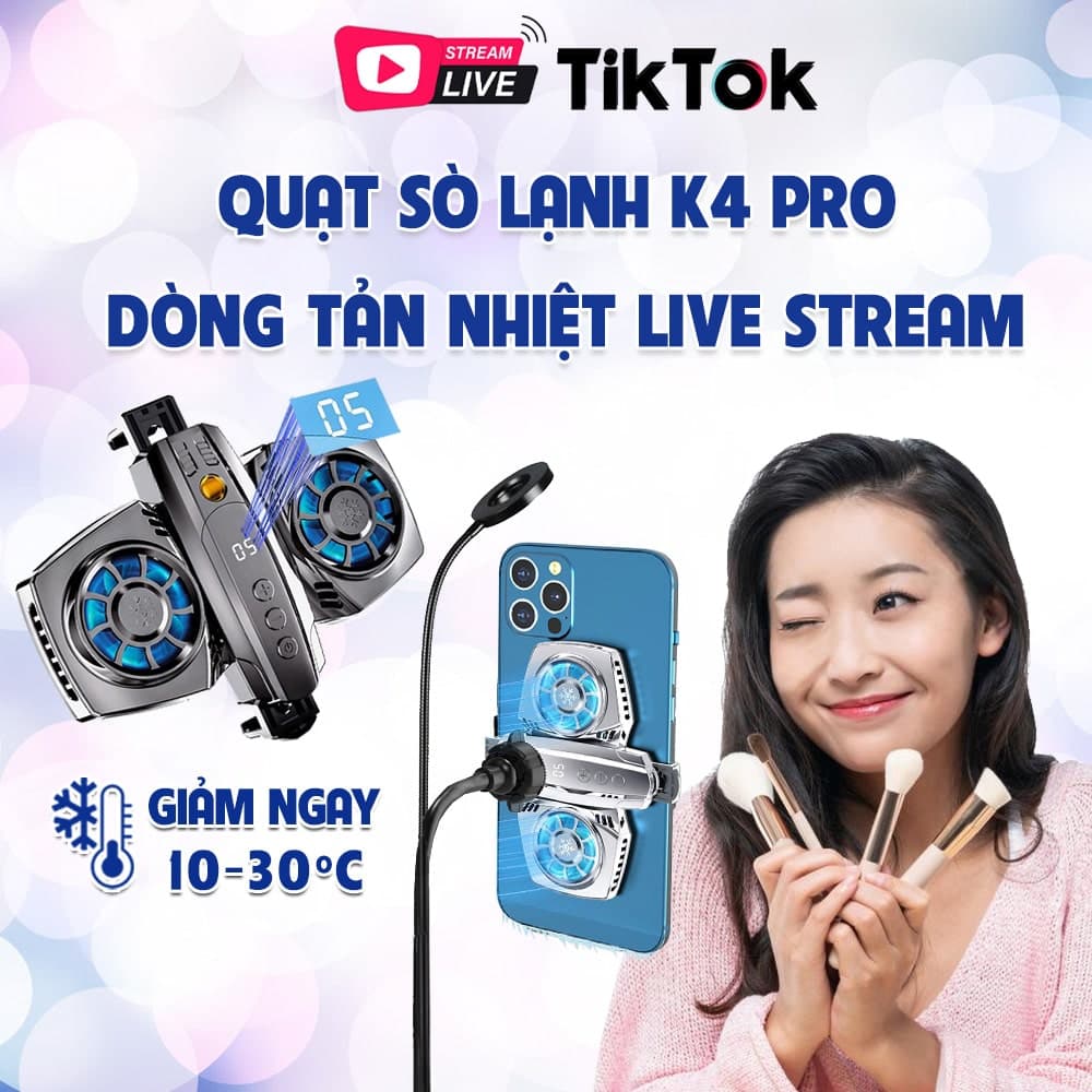 Quạt tản nhiệt điện thoại sò lạnh K4 Pro 2 sò lạnh - Quạt tản nhiệt điện thoại 2 quạt kép livestream tiktok