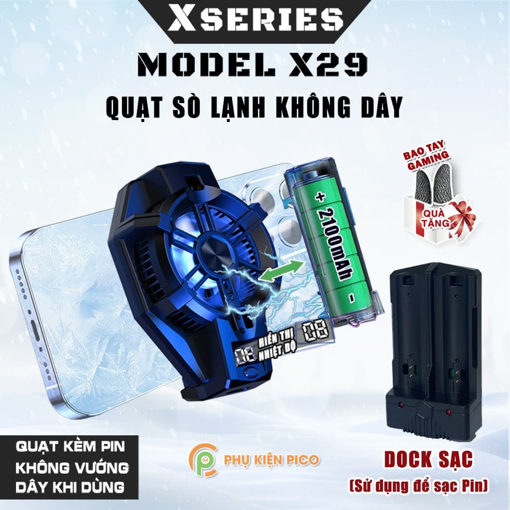 Quạt tản nhiệt điện thoại sò lạnh chạy Pin X29 - Quạt tản nhiệt không dây X29 pin sạc màn hình hiển thị nhiệt độ Led RGB