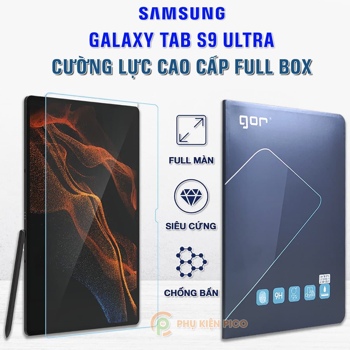 Kính cường lực Samsung Tab S9 Ultra full màn hình chính hãng Gor - Dán màn hình Samsung Galaxy Tab S9 Ultra
