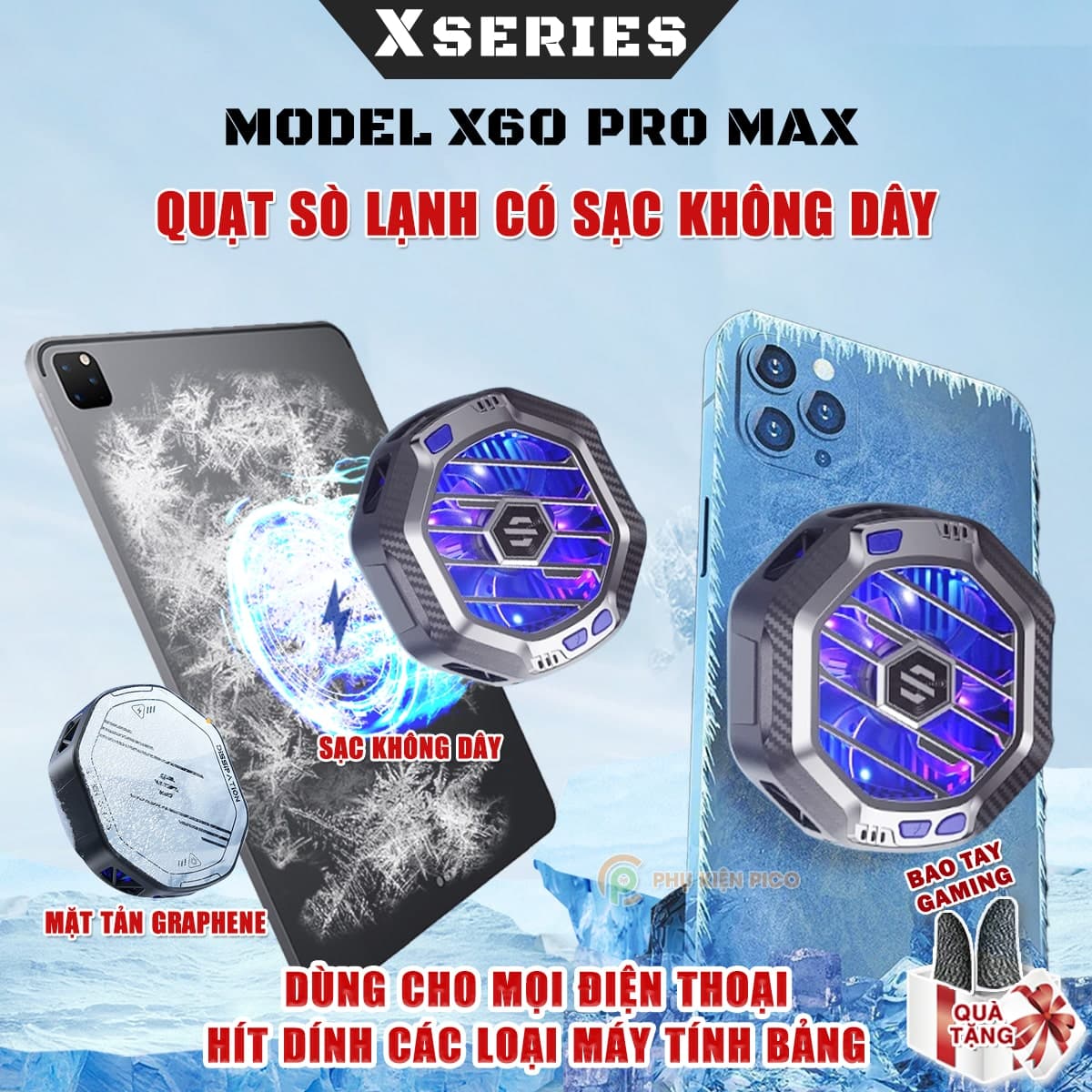 Quạt tản nhiệt điện thoại máy tính bảng X60 Pro Max có sạc không dây Magsafe 15W sò lạnh từ tính Led RGB Gaming