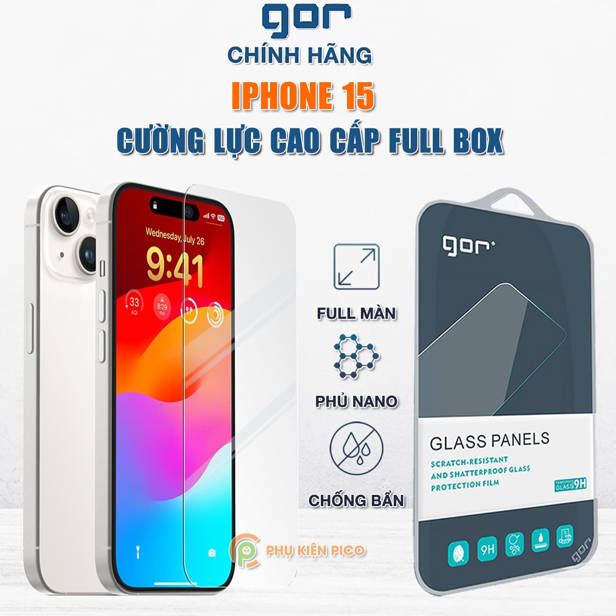Kính cường lực Iphone 15 trong suốt full màn hình chính hãng GOR - Dán màn hình Iphone 15