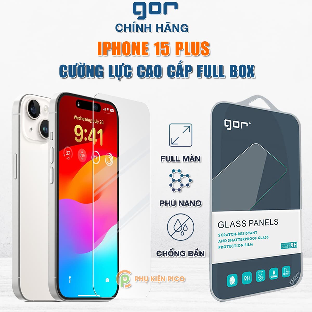 Kính cường lực Iphone 15 Plus trong suốt full màn hình chính hãng GOR - Dán màn hình Iphone 15 Plus