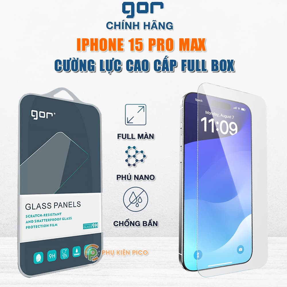 Kính cường lực Iphone 15 Pro Max trong suốt full màn hình chính hãng GOR - Dán màn hình Iphone 15 Pro Max