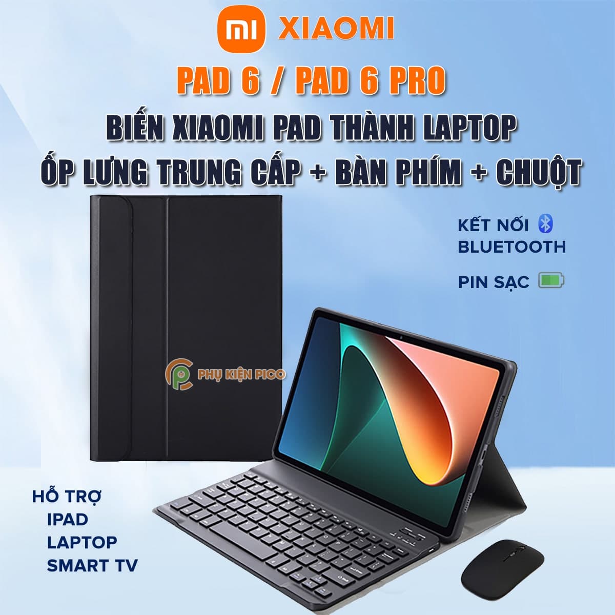 Ốp lưng Xiaomi Mi Pad 6 kèm bàn phím và chuột không dây - Bao da Xiaomi Pad 6 Pro 360 độ bản trung cấp hỗ trợ nhiều góc dựng