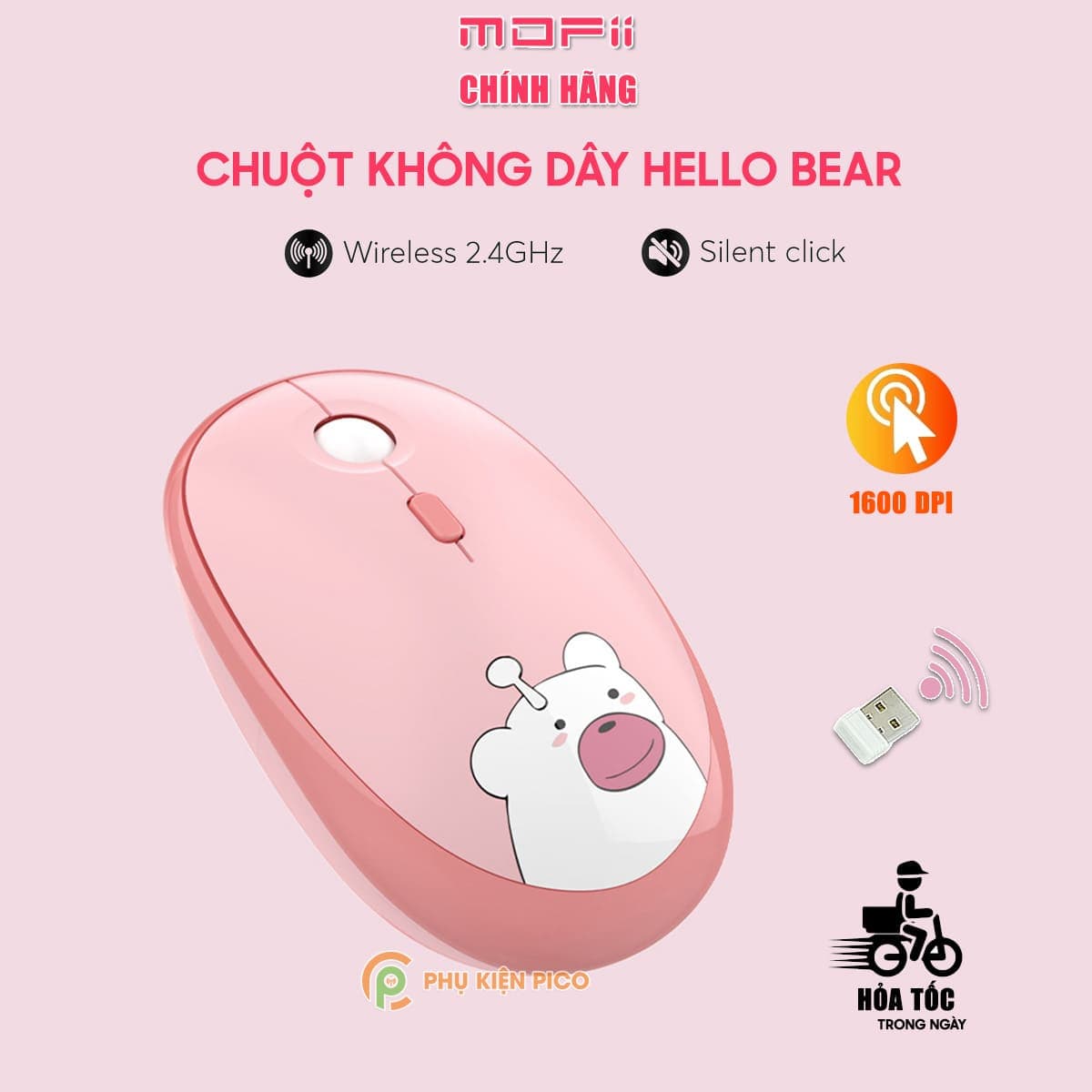 Chuột máy tính không dây Hello Bear - Chuột hồng dễ thương cute hình gấu Wireless Mofii