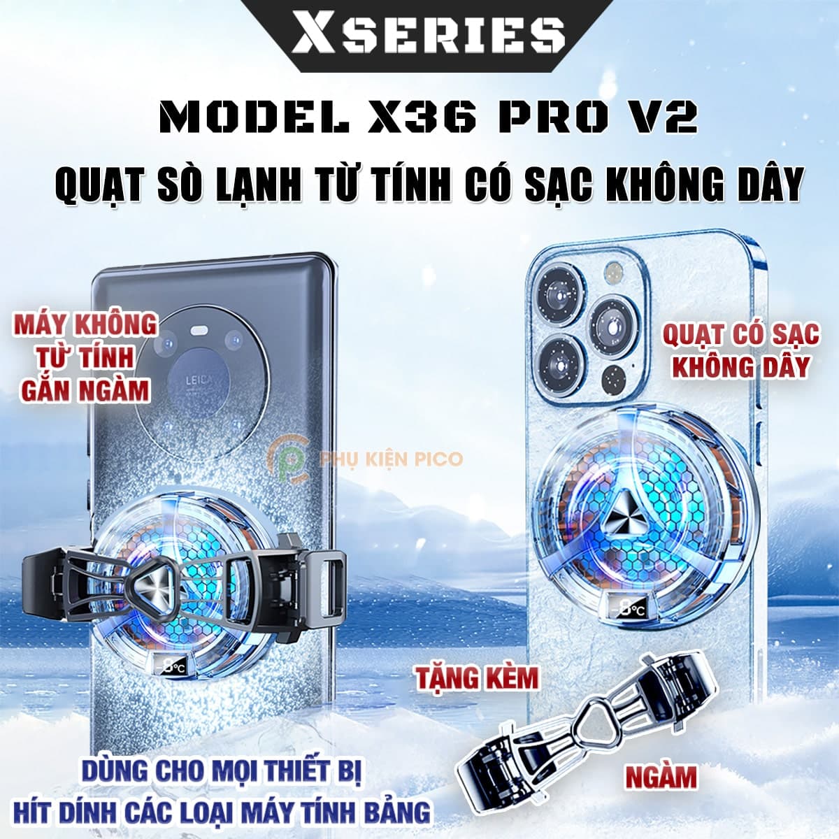 Quạt tản nhiệt điện thoại sò lạnh từ tính X36 Pro V2 có sạc không dây màn hình hiển thị nhiệt độ Led RGB