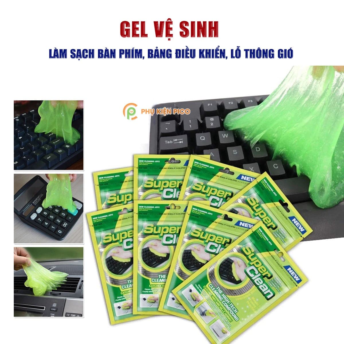Gel vệ sinh bàn phím, điều khiển TV, lỗ thông hơi điều hòa, lỗ thông hơi trên ô tô đa năng Super Clean màu xanh túi 80 gram