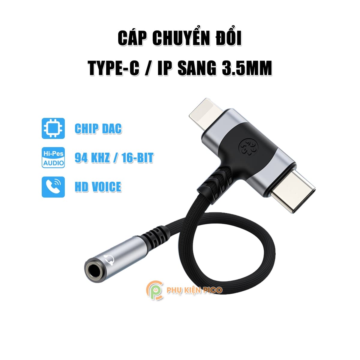 Cáp chuyển đổi tai nghe 3.5mm Iphone và Androi Type C 2in1 ra 3.5mm dùng cho mọi máy