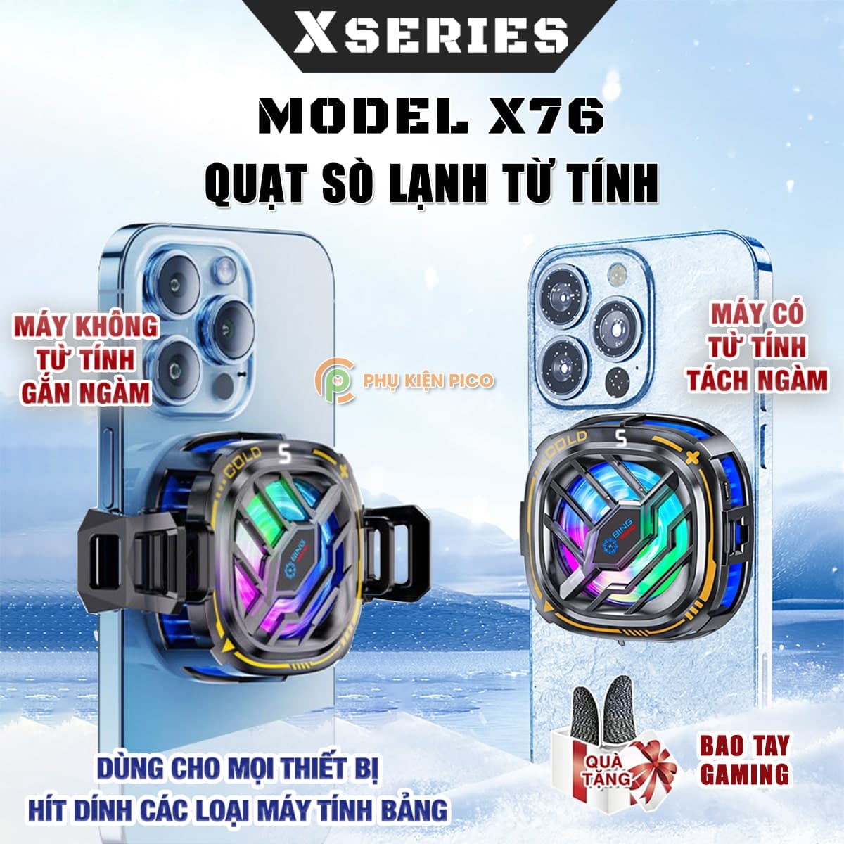 Quạt tản nhiệt điện thoại máy tính bảng X76 sò lạnh từ tính Led RGB Gaming màn hình hiển thị nhiệt độ