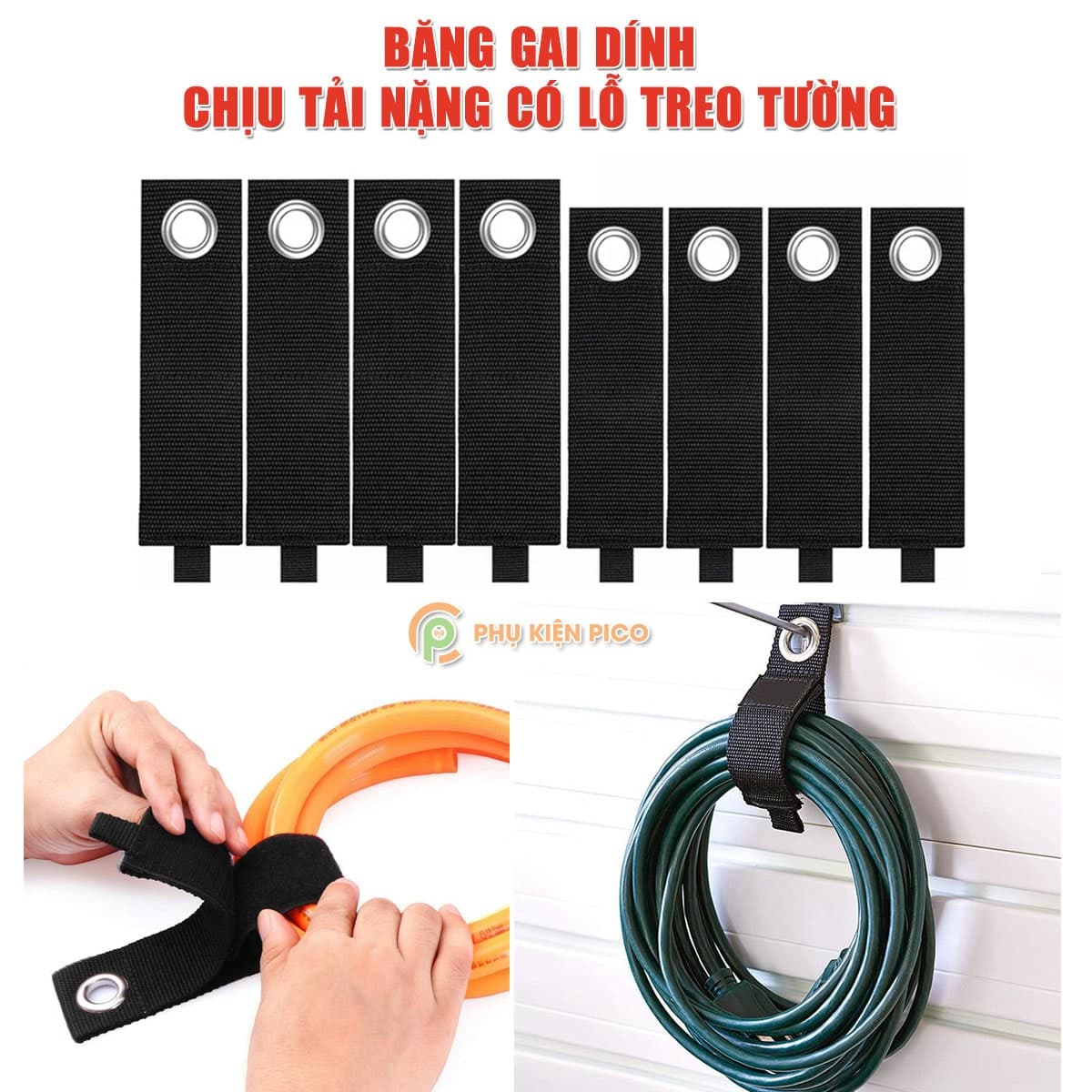 Băng gai dính chịu tải nặng có lỗ treo tường - Velcro Dây quấn vòi nước, dây điện, dây cáp, dụng cụ sửa chữa cỡ lớn hỗ trợ treo móc