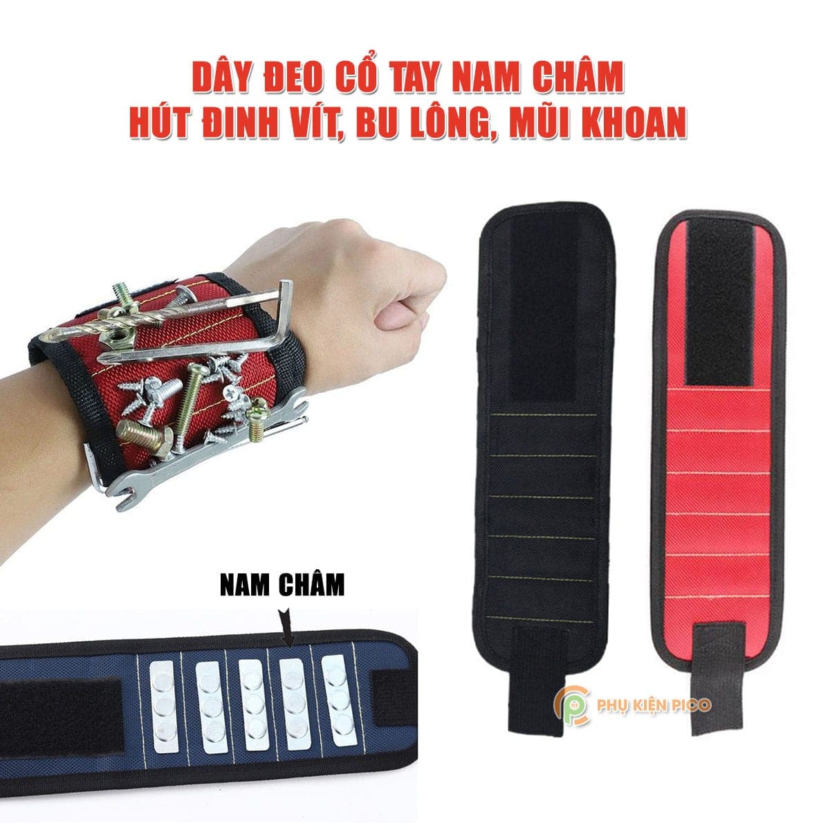 Dây đeo cổ tay nam châm hút đinh vít, Đai đeo đựng Bu Lông - Băng đai từ tính giữ mũi Khoan - Túi đựng dụng cụ sửa chữa
